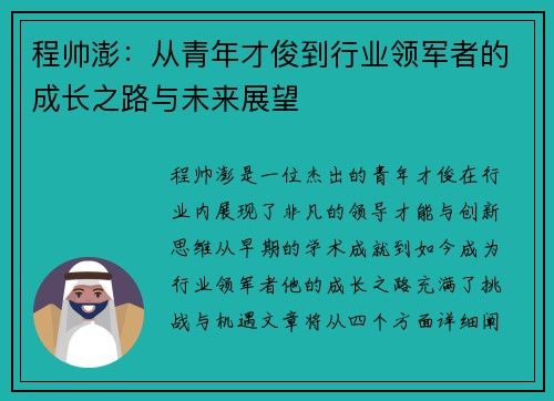 程帅澎：从青年才俊到行业领军者的成长之路与未来展望